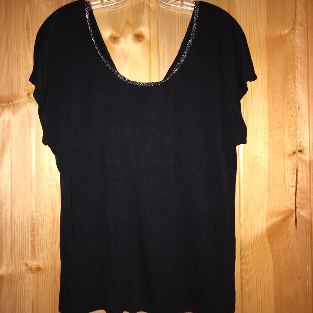 Black rhinestone boat neck T-shirt